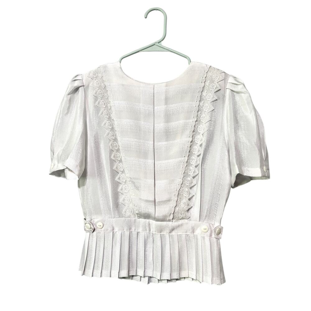 Vintage 80s Silky White Pleated Peplum Lace Trim Top S